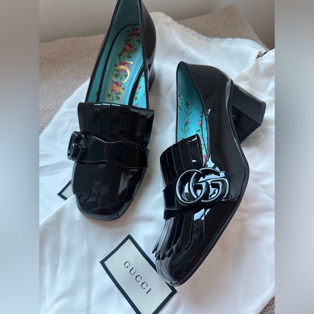 Gucci Marmont Mid Heel Fringe Loafers in full Black